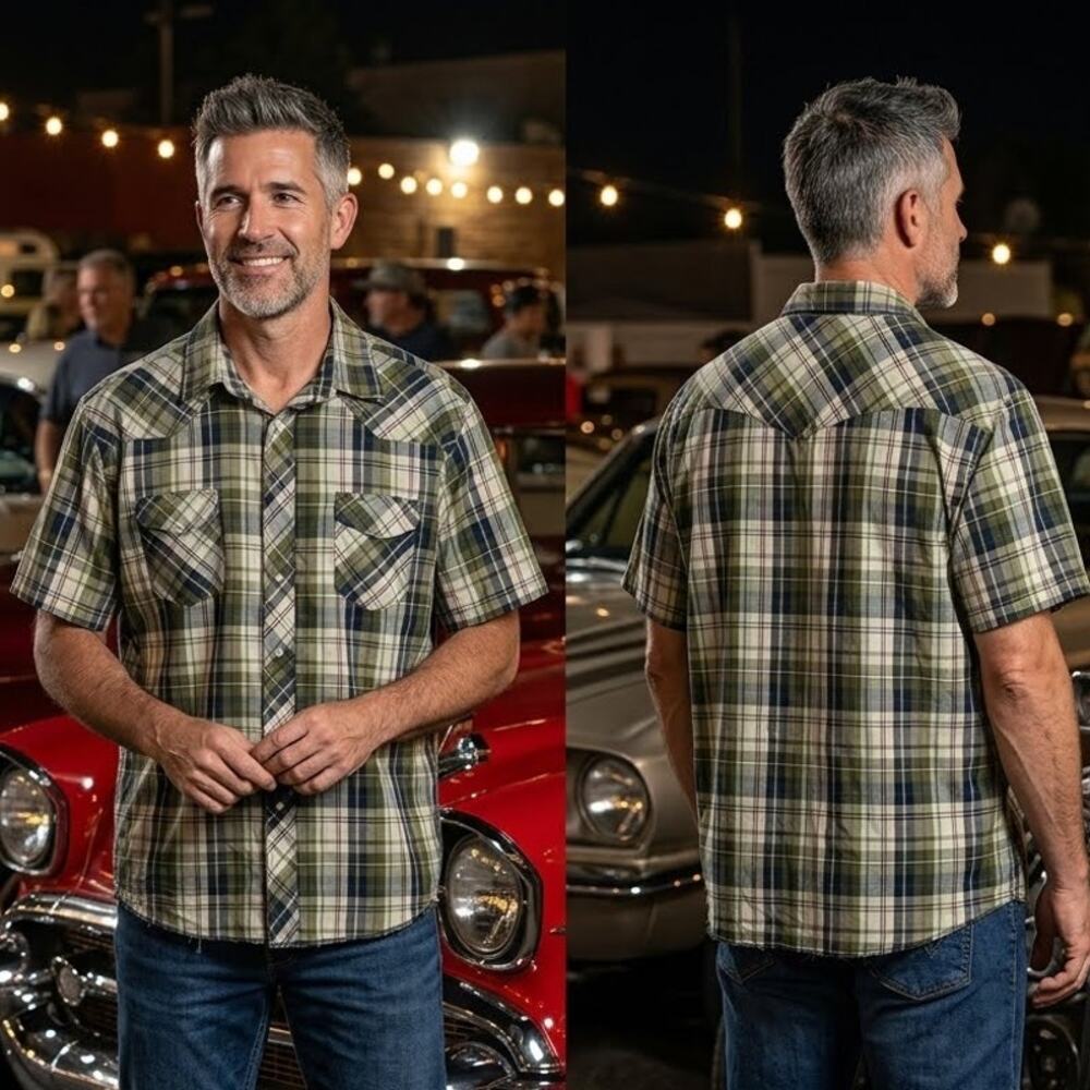 Wrangler Western Shirt Mens XXL Green Plaid Short Sleeve Pearl Snap Button 56